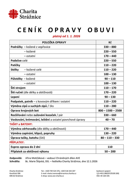 CENÍK opravy obuvi 2026