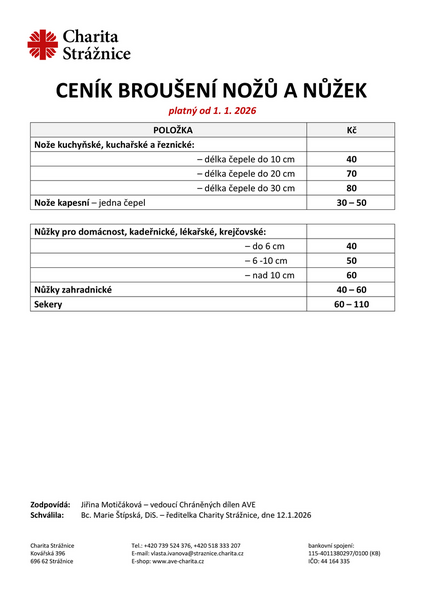 CENÍK broušení nožů a nůžek 2026